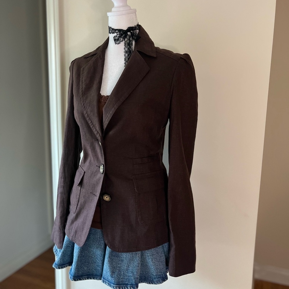 Vintage 2000s Designer Max Azria Euro Minimalist Brown Linen Blazer Jacket S - Picture 4 of 11